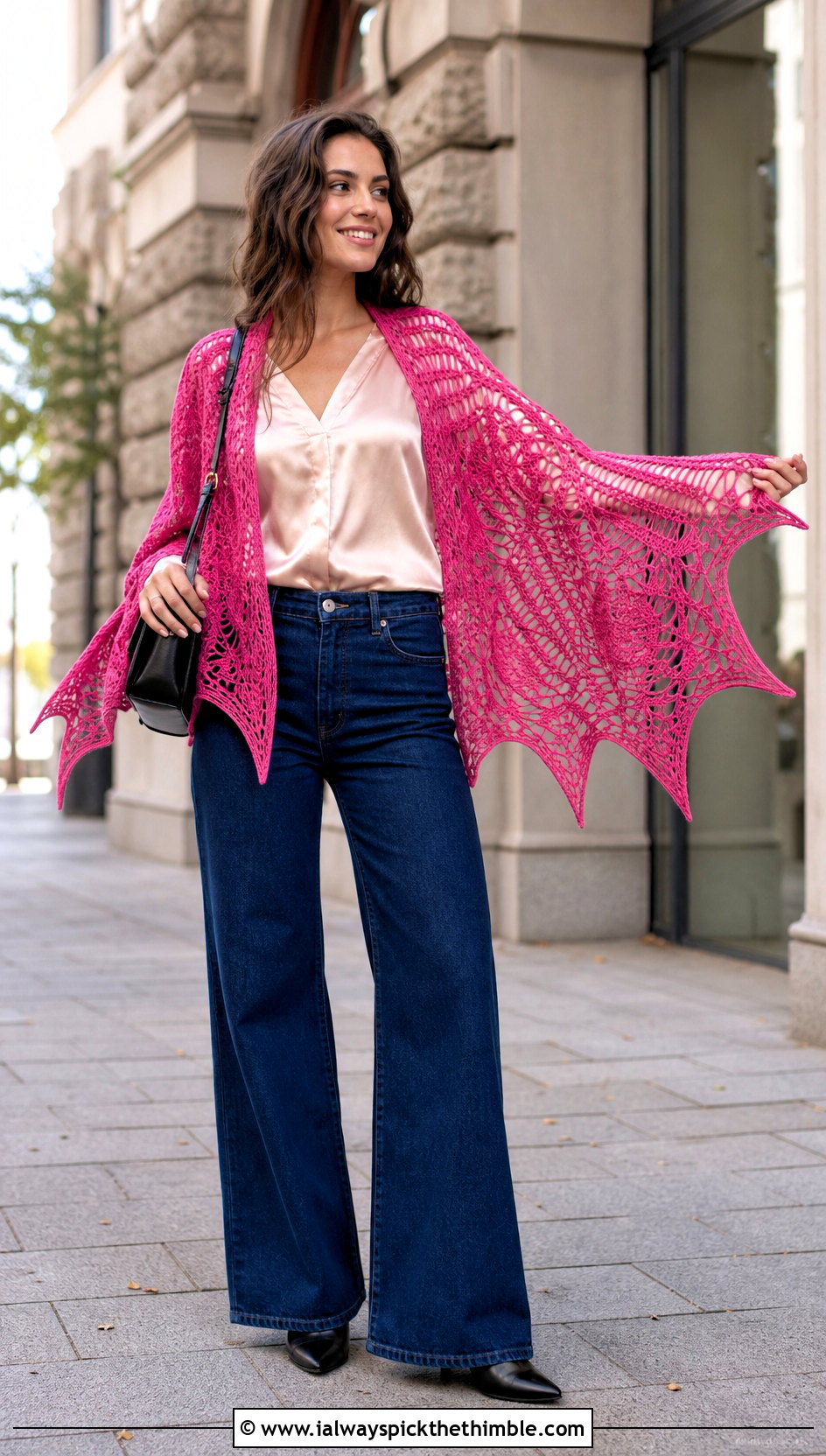 Spiderweb Lace Bat Wing Crochet Shawl With Satin Blouse - 20 bat wing crochet shawl outfit ideas