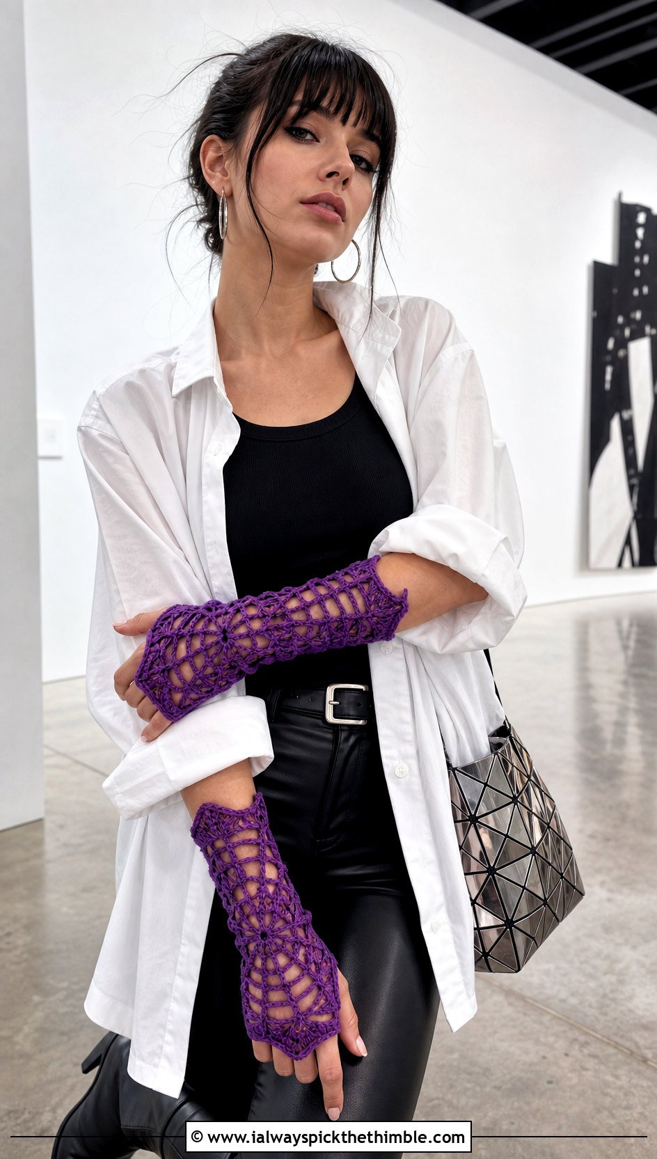 Spiderweb Lace Crochet Fingerless Gloves With Oversized Shirt And Leather Pants - 20 Lace Crochet Fingerless Gloves outfit ideas