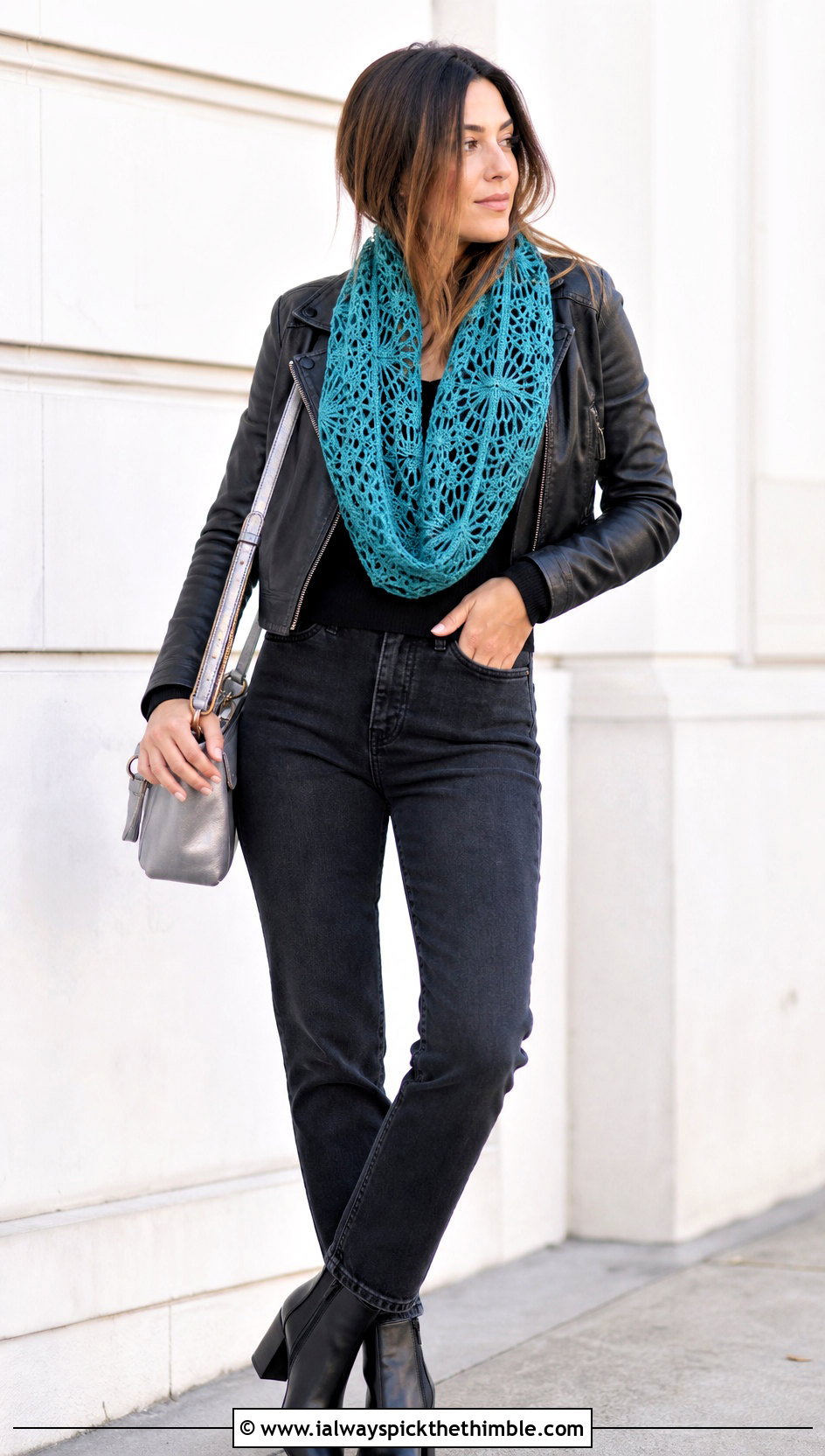 Spiderweb Lace Infinity Scarf With Leather Jacket - 20 Lacy Crochet Infinity Scarf outfit ideas