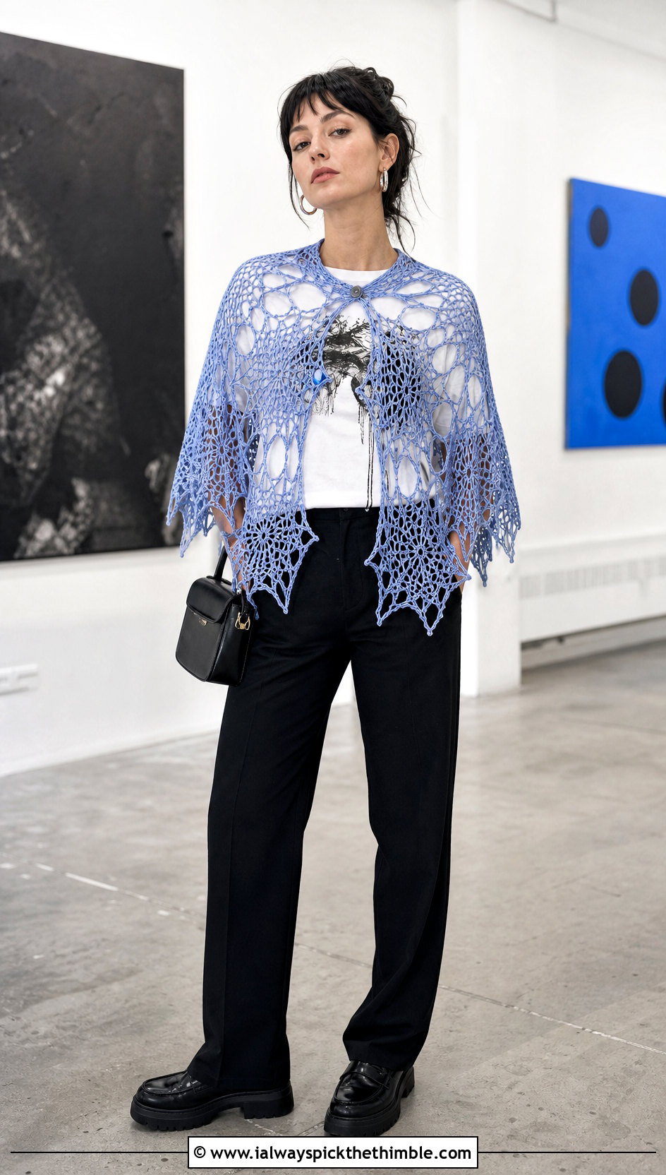 Spiderweb Lace Shawl With Graphic Tee And Black Trousers - 20 Victorian Crochet Shawl outfit ideas