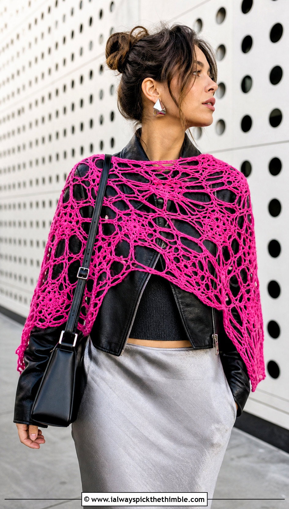 Spiderweb Lace Shawlette With Leather Jacket And Midi Skirt - 25 lacy crochet shawl outfit ideas
