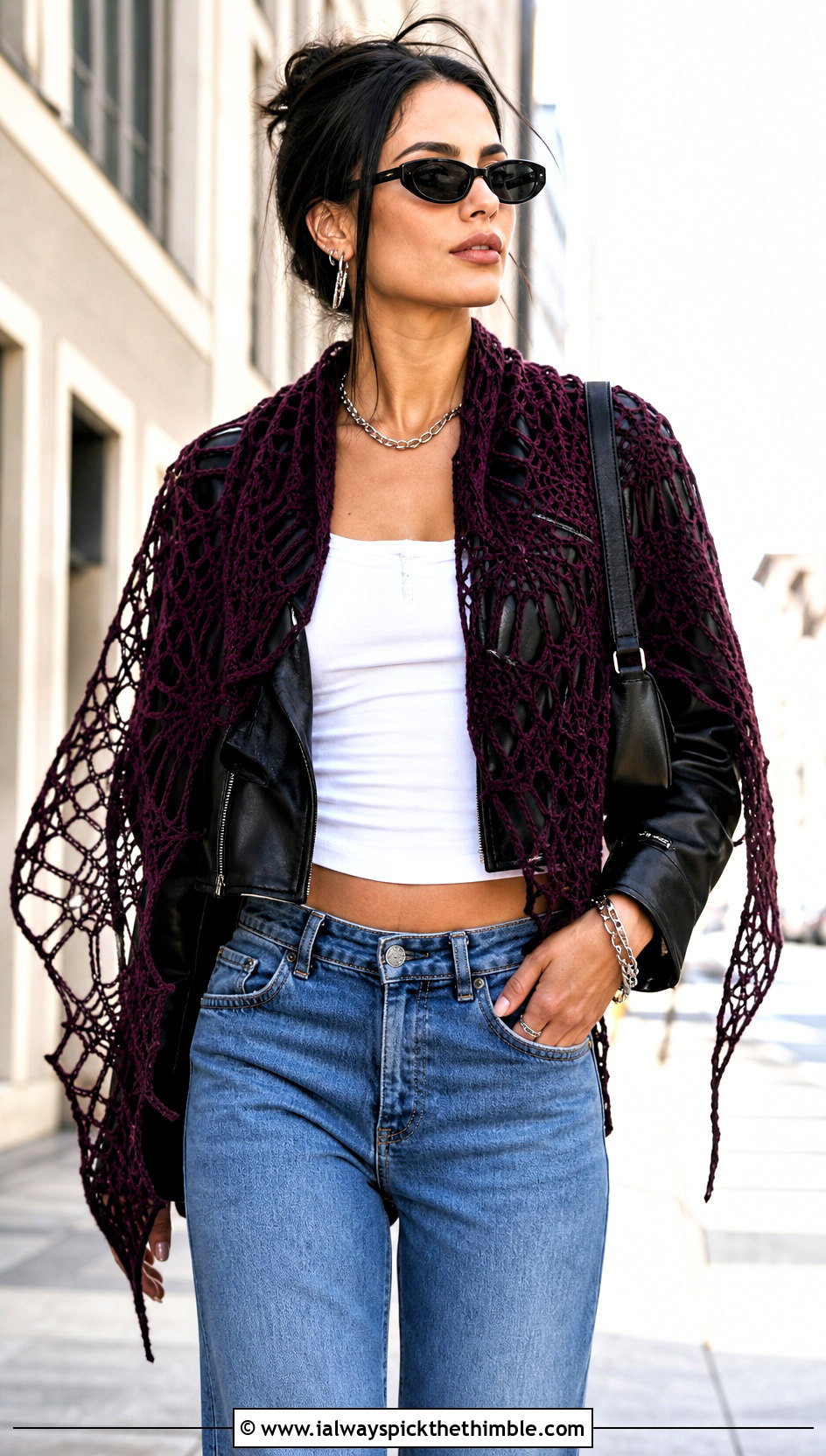 Spiderweb Lace Triangle Shawl With Leather Jacket - 20 Crochet Lace Triangle Shawl outfit ideas