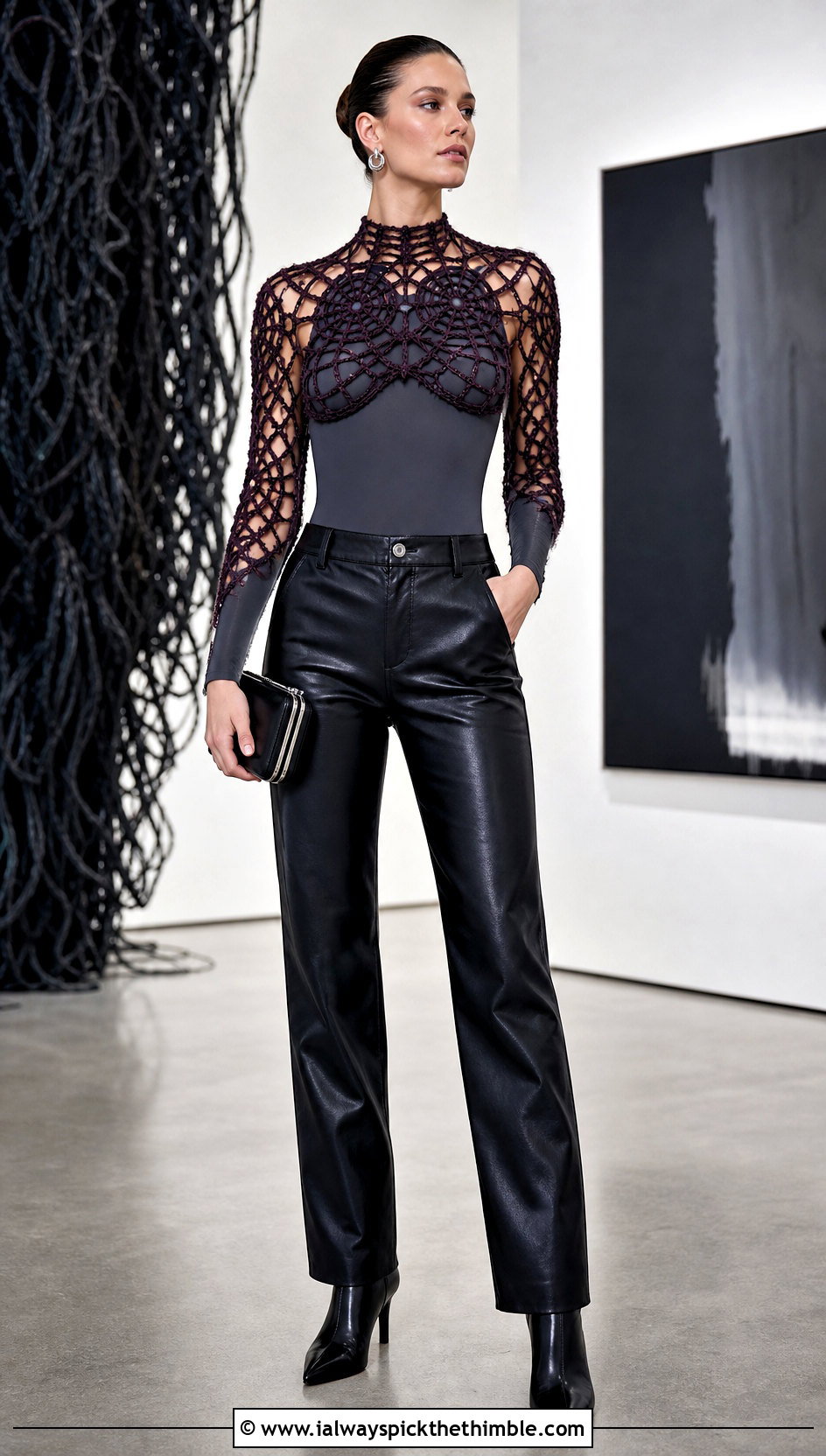 Spiderweb Mesh Crochet Bolero With Leather Pants - 20 Crochet Mesh Bolero outfit ideas