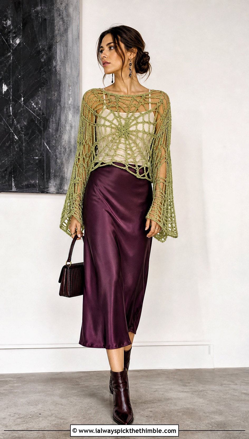 Spiderweb Mesh Crochet Halloween Sweater With Satin Midi Skirt - 25 Crochet Halloween Sweater outfit ideas