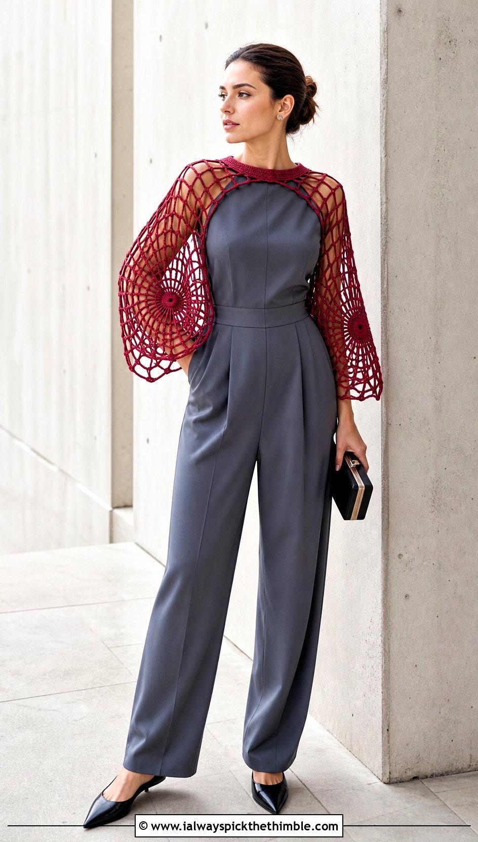 Spiderweb Sleeve Top With Minimalist Jumpsuit - 20 Crochet Cobweb Top outfit ideas