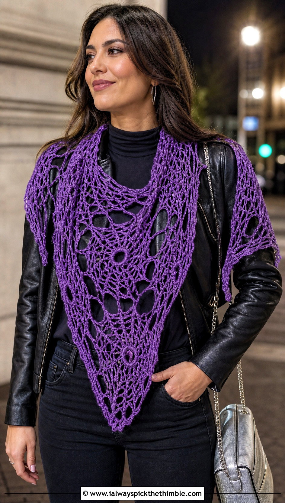 Spiderweb Triangle Crochet Shawl With Leather Jacket - 20 halloween crochet shawl outfit ideas