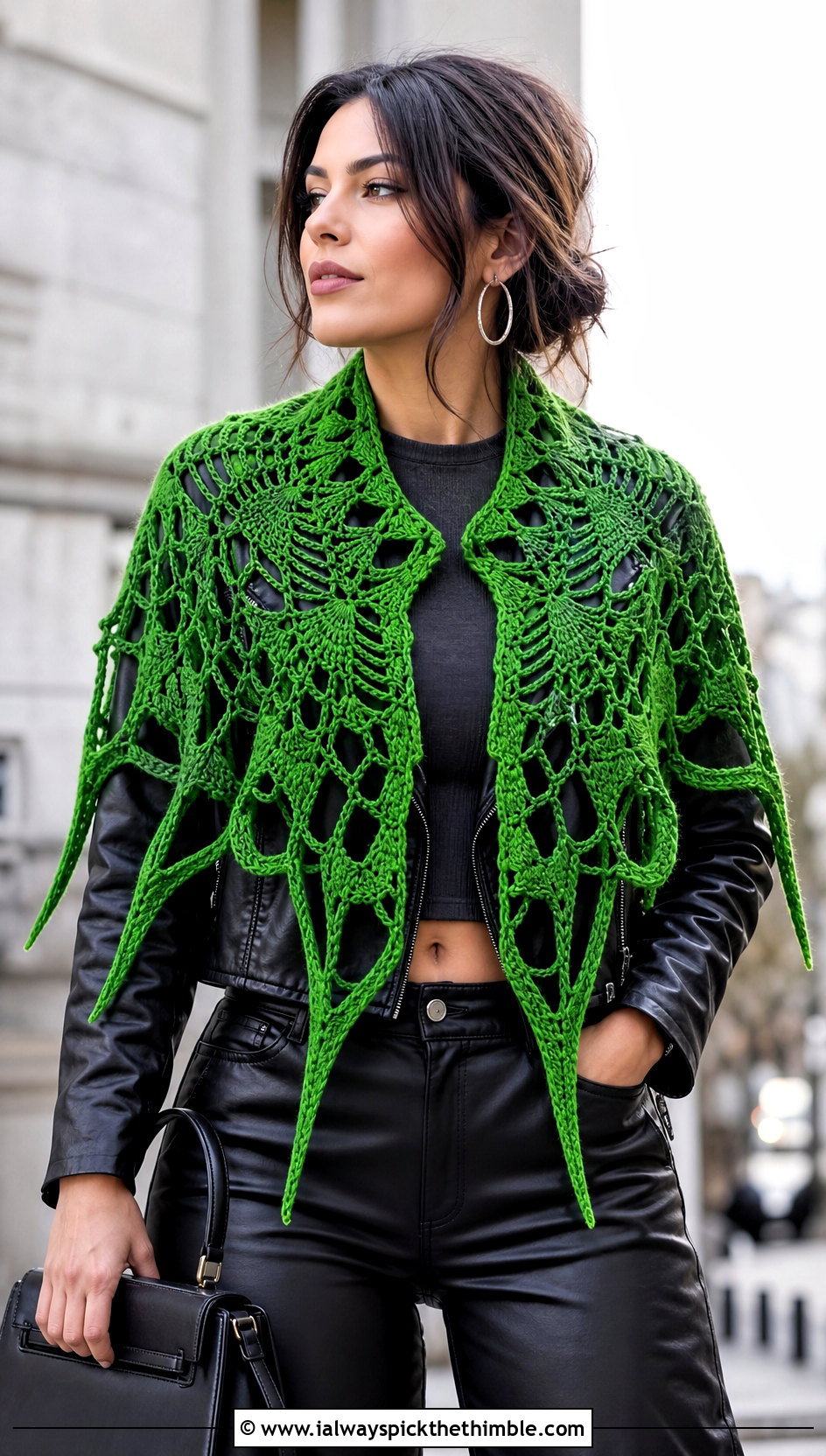 Spiderweb Witch Crochet Shawl With Leather Jacket - 15 Witch Crochet Shawl outfit ideas