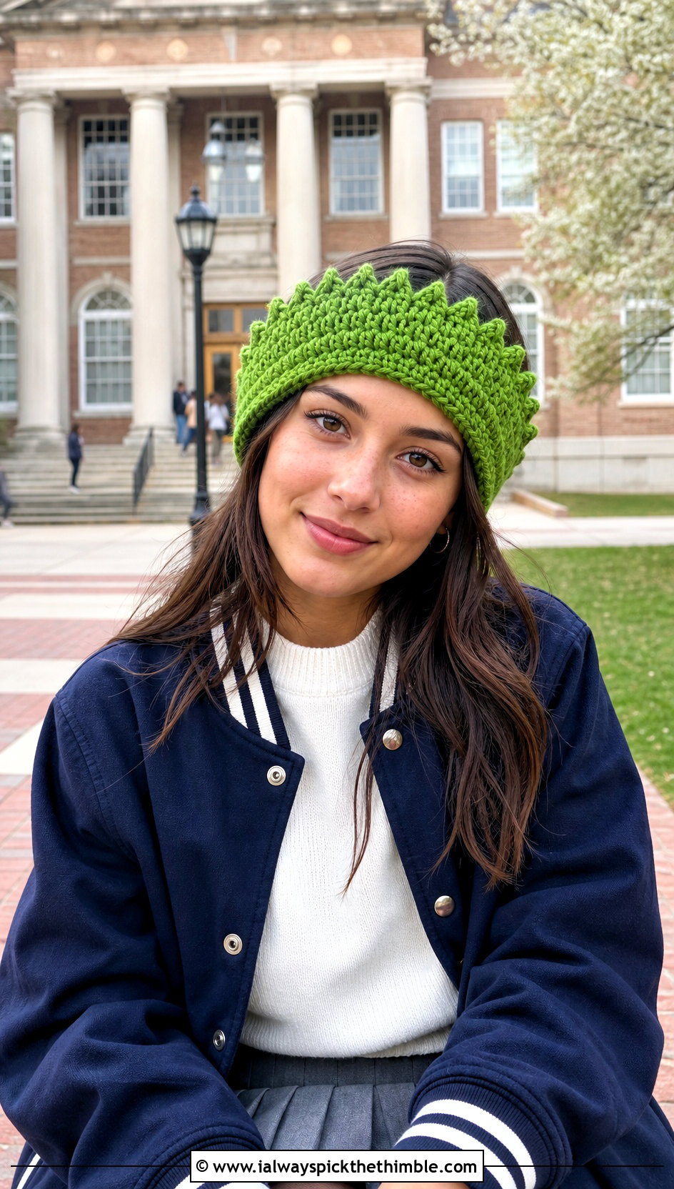Spike Stitch Crochet Crown Ear Warmer With Varsity Jacket And Pleated Skirt - 20 crochet crown ear warmer outfit ideas