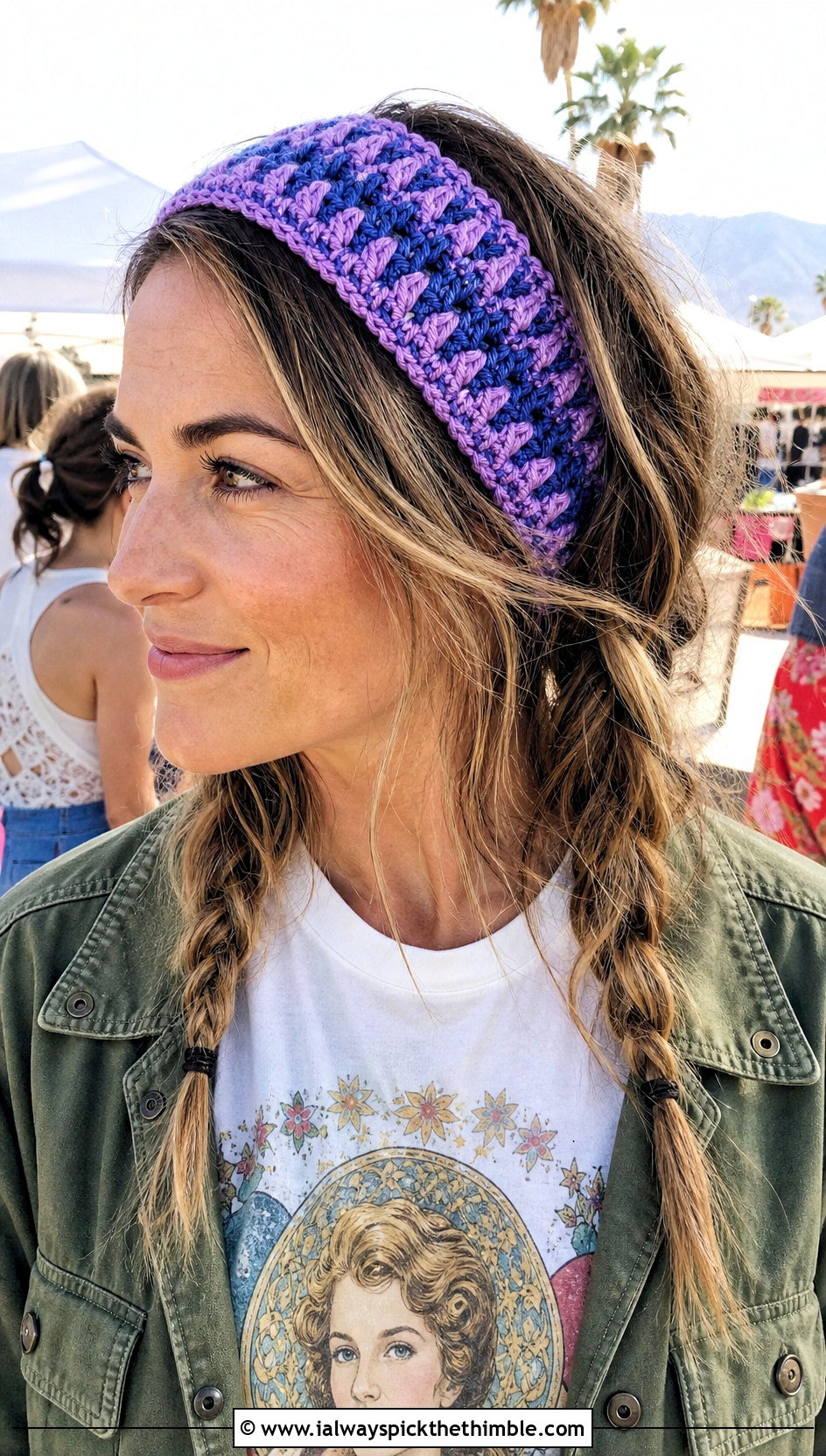 Spike Stitch Crochet Headband With Graphic T Shirt - 20 crochet for headbands outfit ideas