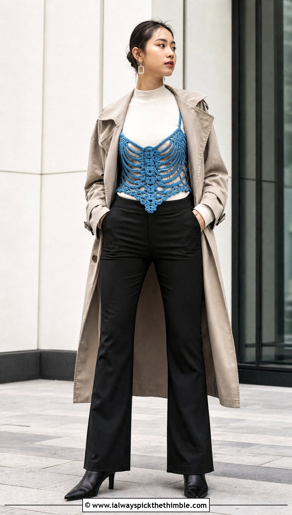 Spine Detail Crochet Skeleton Corset With Trench Coat - 15 crochet skeleton corset outfit ideas