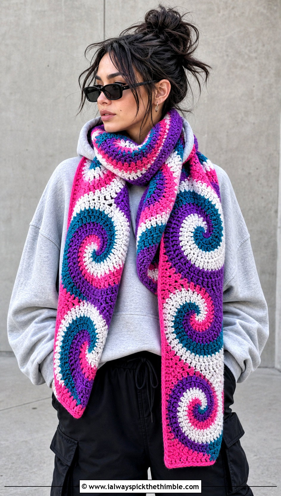 Spiral Circle Crochet Scarf With Hoodie And Cargo Pants - 15 crochet scarf with colorful circles outfit ideas