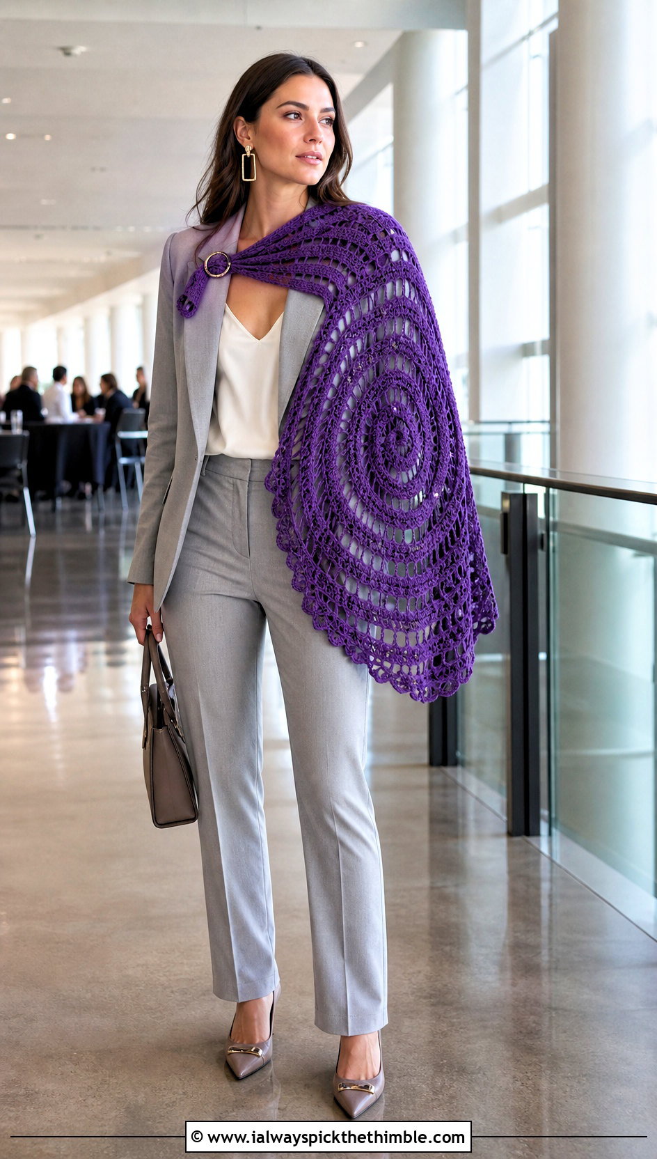 Spiral Circle Crochet Shawl With Matching Pantsuit - 20 Circle Crochet Shawl outfit ideas