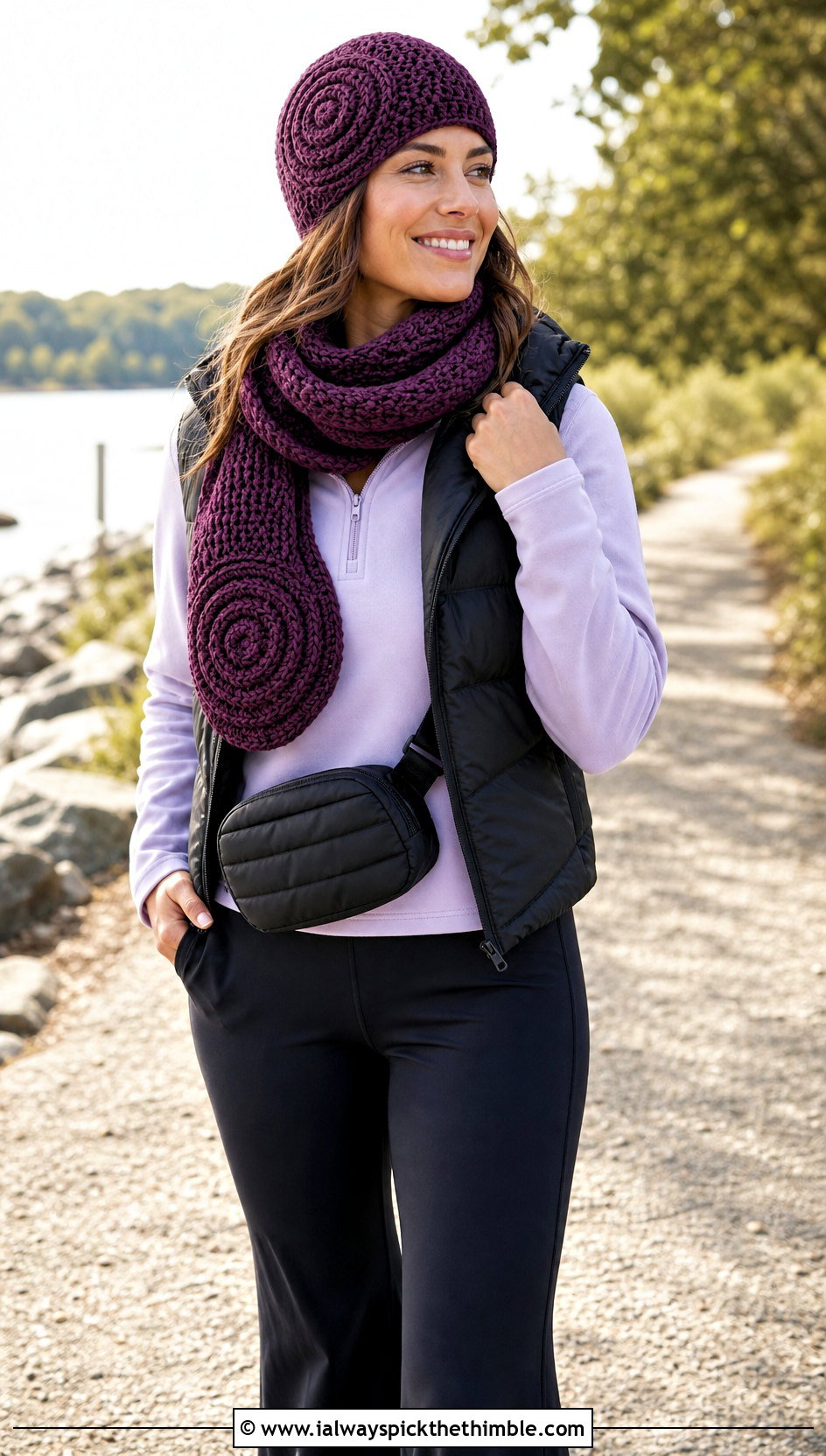 Spiral Crochet Beanie And Scarf Set With Sporty Outfit - 20 crochet beanie and scarf set outfit ideas