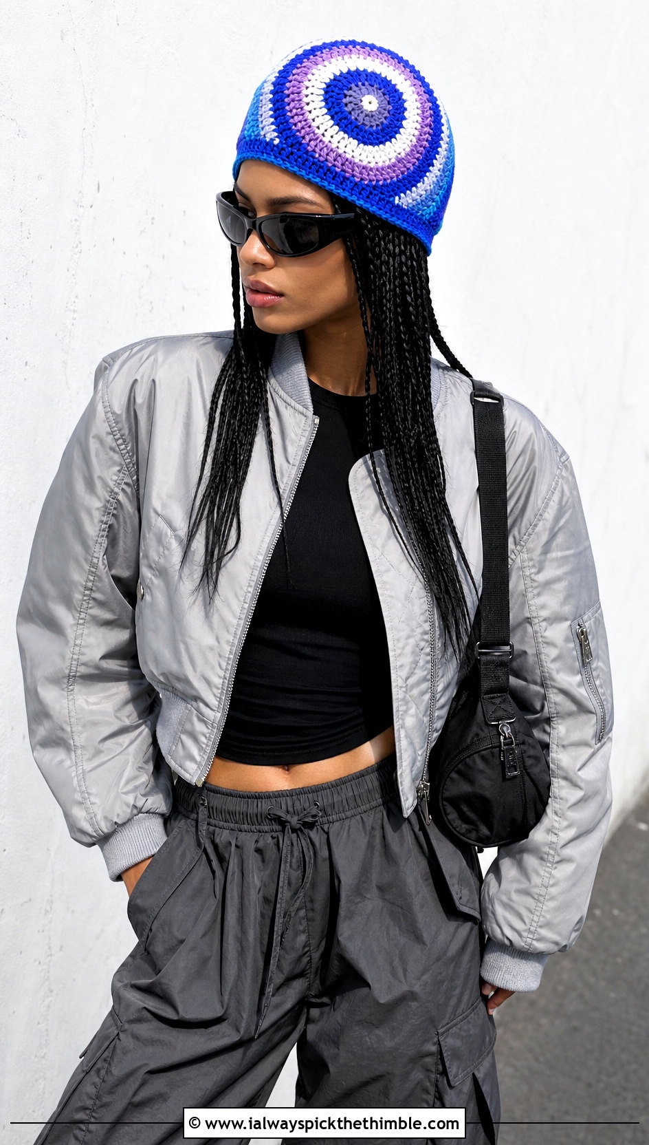 Spiral Crochet Beanie With Bomber Jacket And Parachute Pants - 25 cute crochet beanie outfit ideas