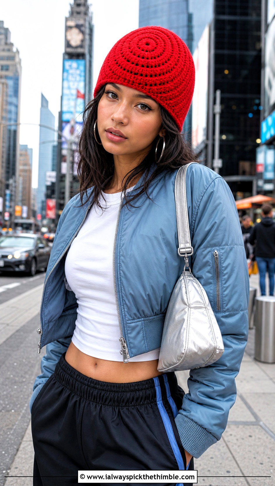 Spiral Crochet Beanie With Bomber Jacket And Track Pants - 20 Boho Crochet Beanie outfit ideas