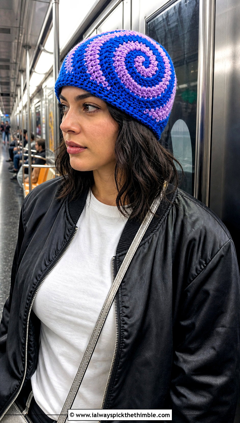 Spiral Crochet Beanie With Bomber Jacket - 20 easy simple crochet hats for beginners outfit ideas