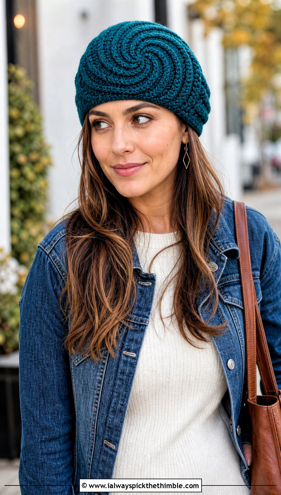 Spiral Crochet Beanie With Denim Jacket And Column Dress - 20 beginner crochet hat outfit ideas