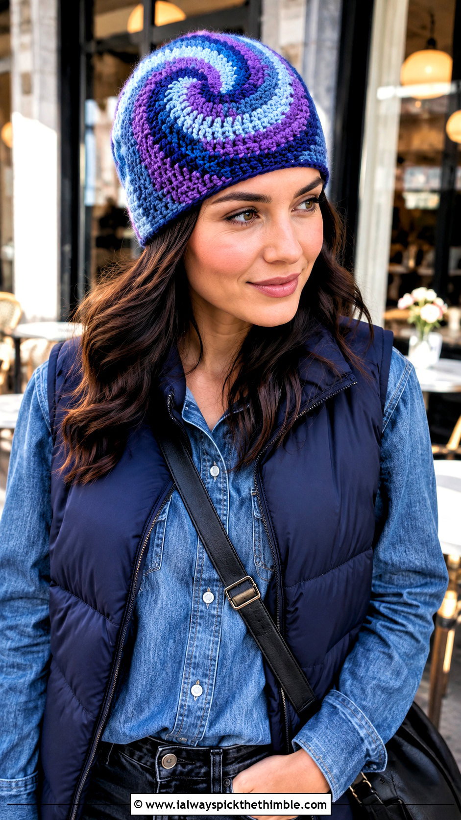 Spiral Crochet Beanie With Denim Shirt And Puffer Vest - 25 crochet winter hat outfit ideas