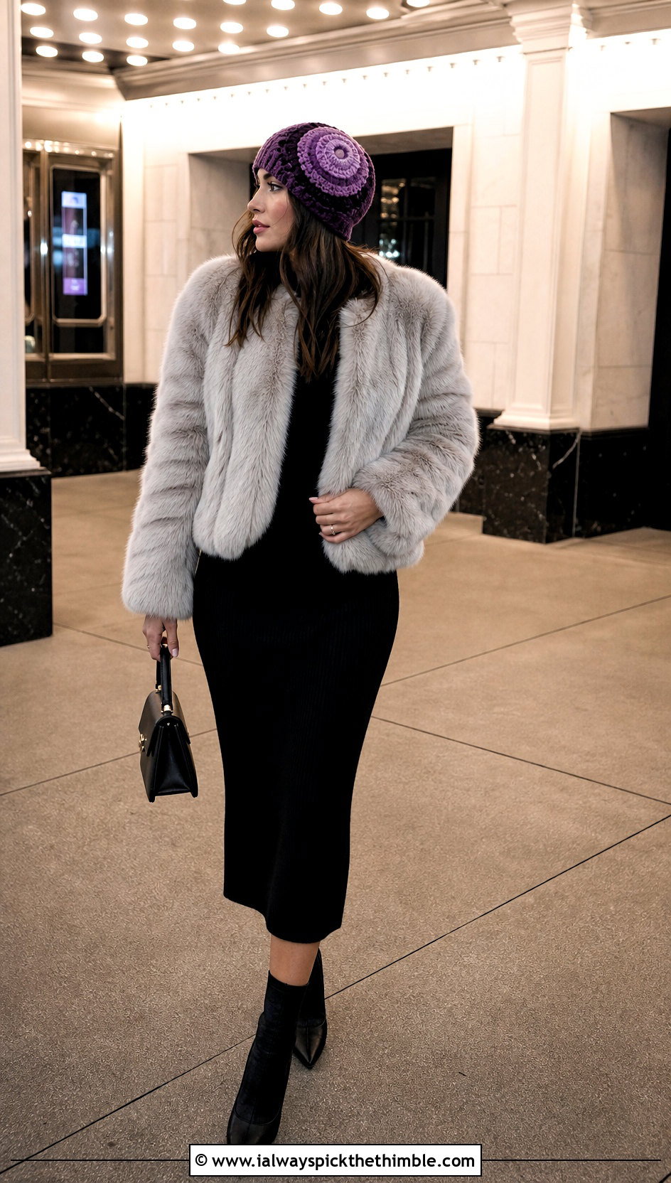 Spiral Crochet Beanie With Faux Fur Coat And Knit Dress - 25 basic crochet beanie outfit ideas