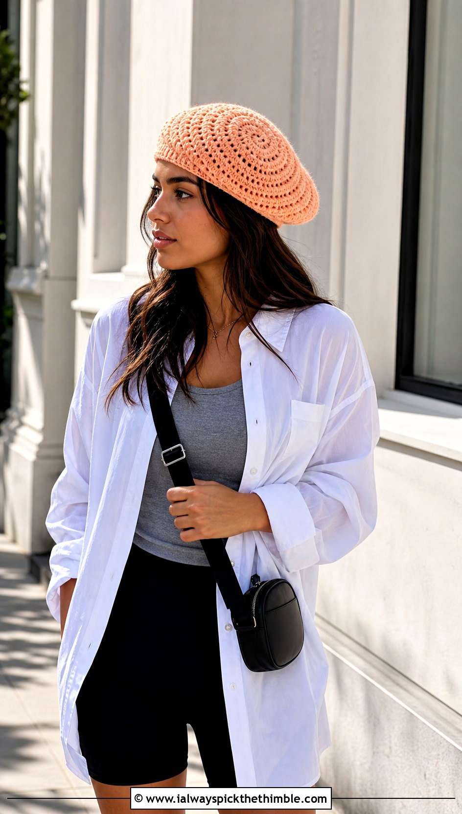 Spiral Crochet Beret With Oversized Shirt And Biker Shorts - 25 crochet beret outfit ideas