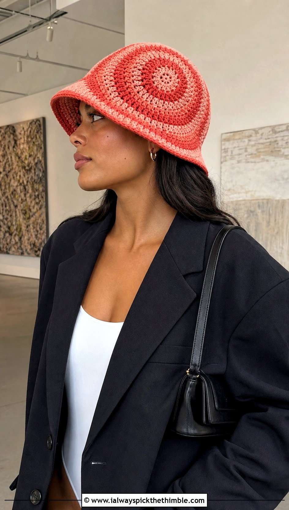 Spiral Crochet Bucket Hat With Black Pantsuit - 15 hailey bieber crochet bucket hat outfit ideas