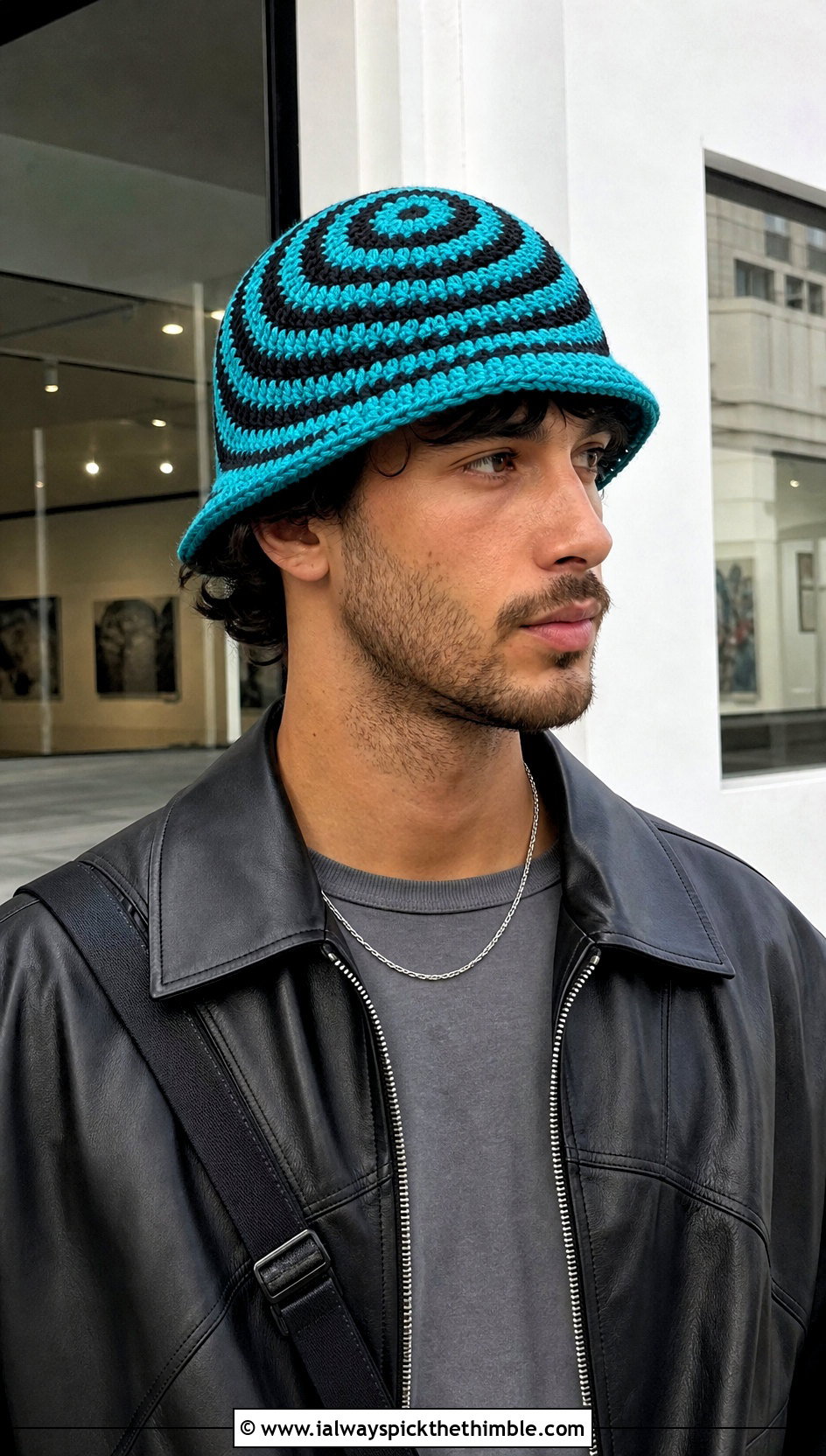 Spiral Crochet Bucket Hat With Leather Jacket And Wide Leg Pants - 15 men's crochet bucket hat outfit ideas