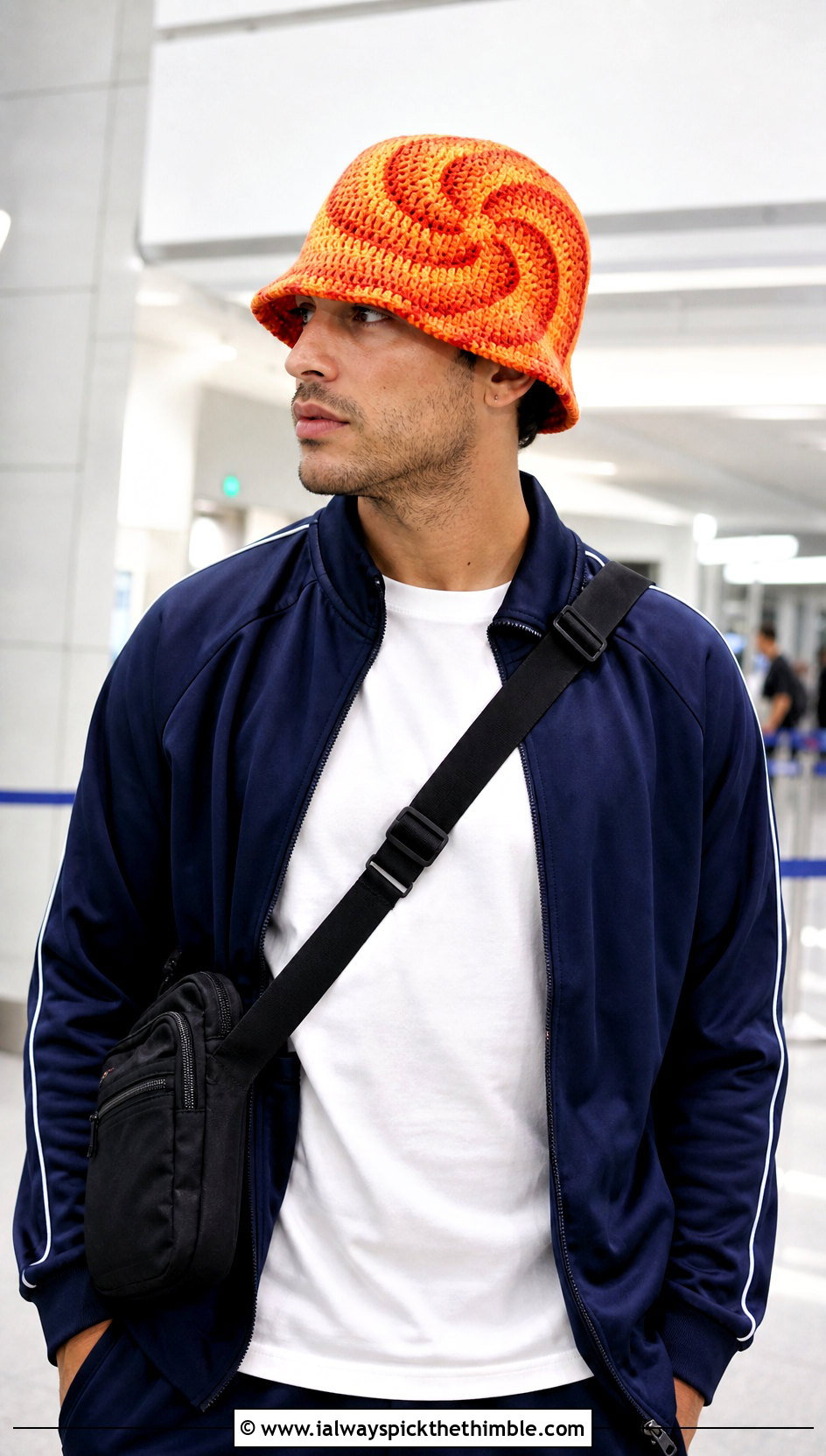 Spiral Crochet Bucket Hat With Tracksuit - 20 male crochet hat outfit ideas