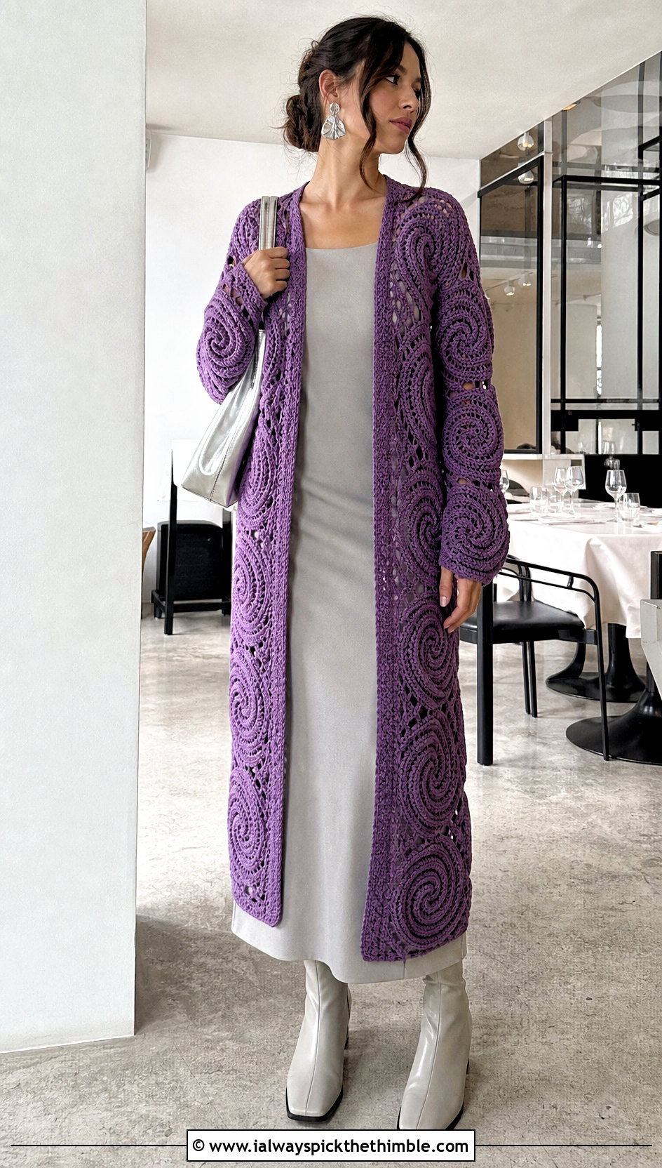 Spiral Crochet Cardigan Sweater With Column Dress - 25 spiral crochet sweater outfit ideas
