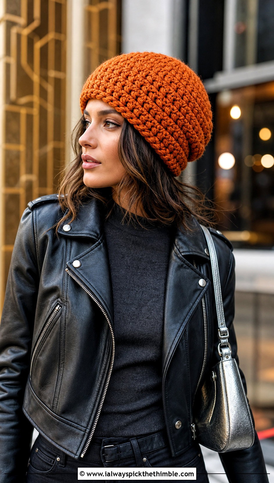 Spiral Crochet Chunky Beanie With Moto Jacket And Leather Pants - 25 crochet chunky beanie outfit ideas