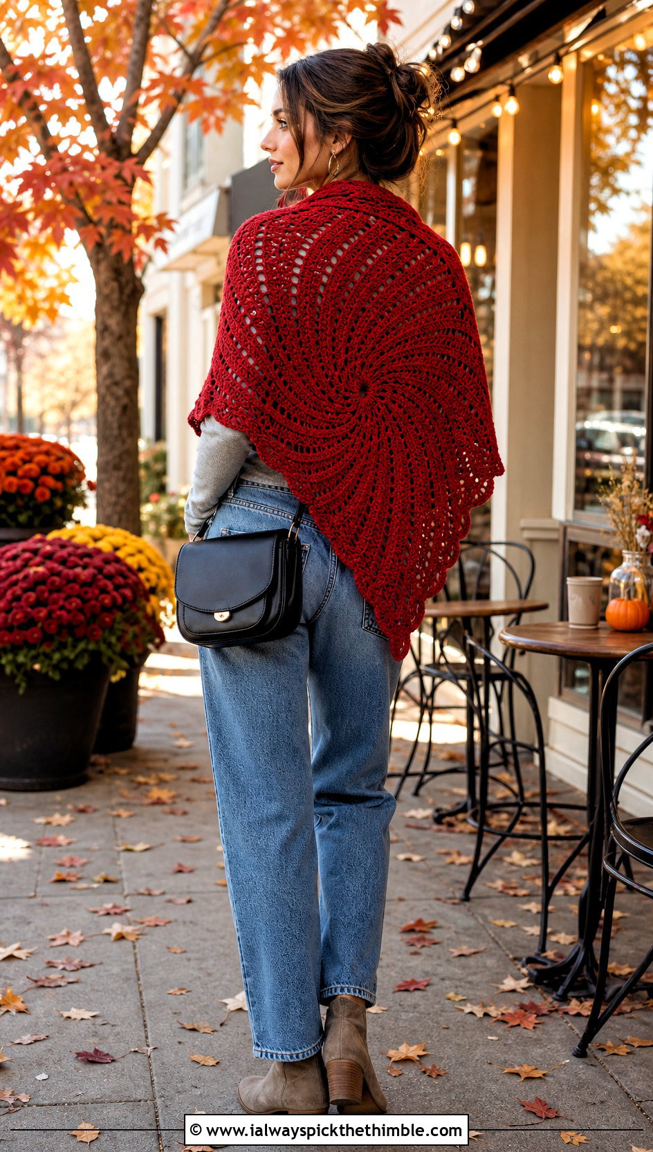 Spiral Crochet Circular Shawl With a Sweater And Jeans - 20 crochet circular shawl outfit ideas
