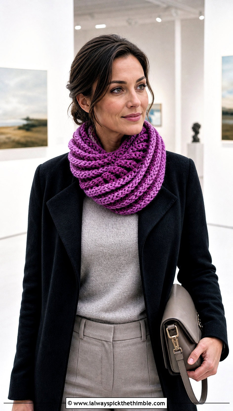 Spiral Crochet Cowl With Minimalist Coat - 25 crochet cowl outfit ideas