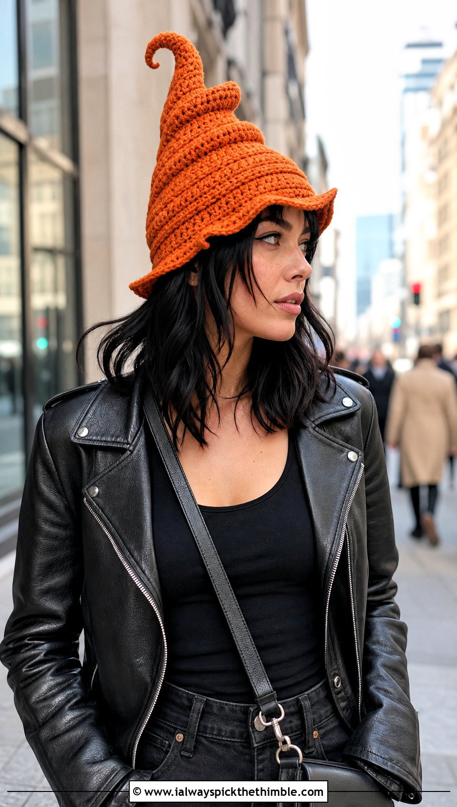 Spiral Crochet Fairy Hat With Leather Jacket - 20 Crochet Fairy Hat outfit ideas