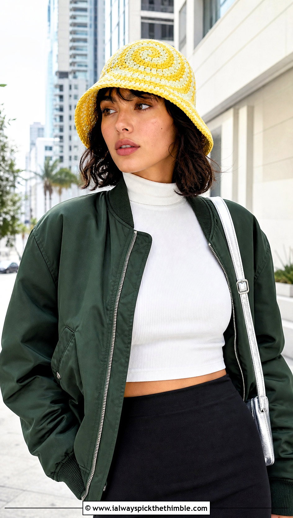 Spiral Crochet Lemon Bucket Hat With Bomber Jacket And Column Skirt - 20 Lemon Crochet Bucket Hat outfit ideas
