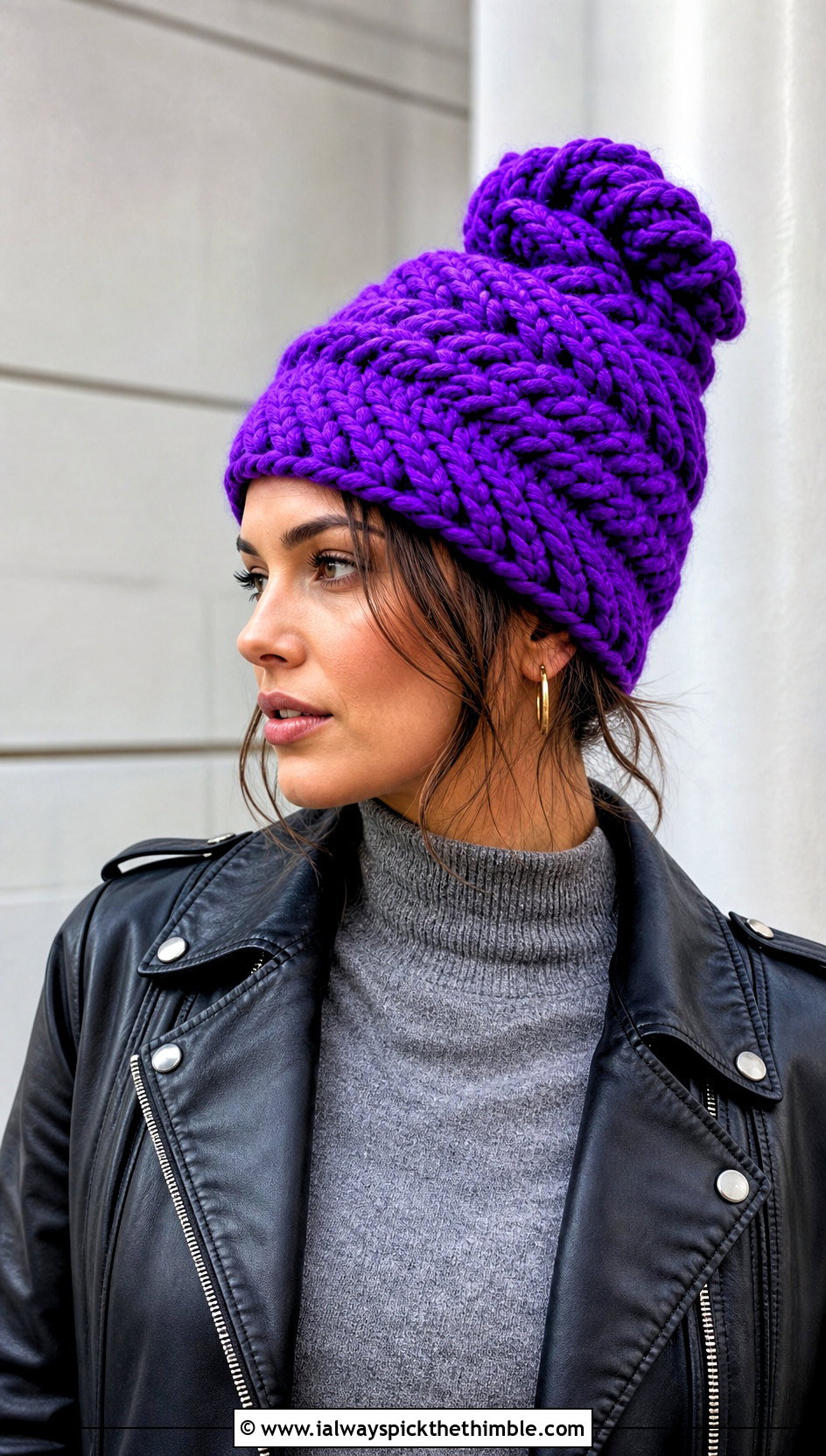 Spiral Crochet Messy Bun Hat With Leather Jacket - 20 Crochet Messy Bun Hat Bulky Yarn outfit ideas