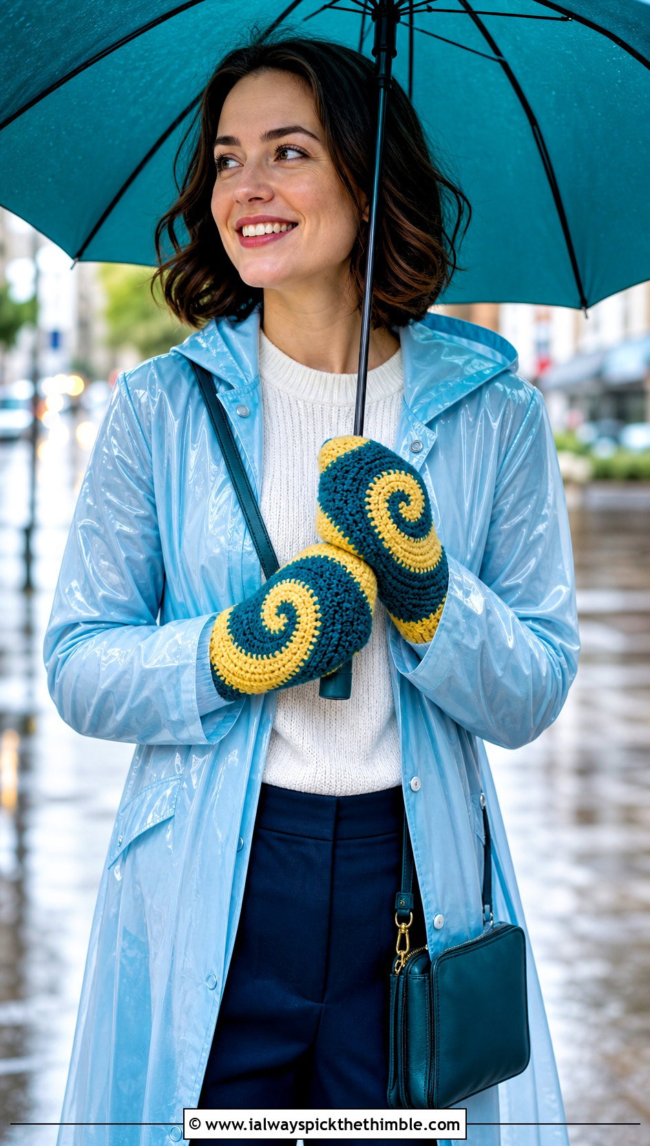Spiral Crochet Mittens With Raincoat And Ankle Boots - 25 crochet mittens outfit ideas