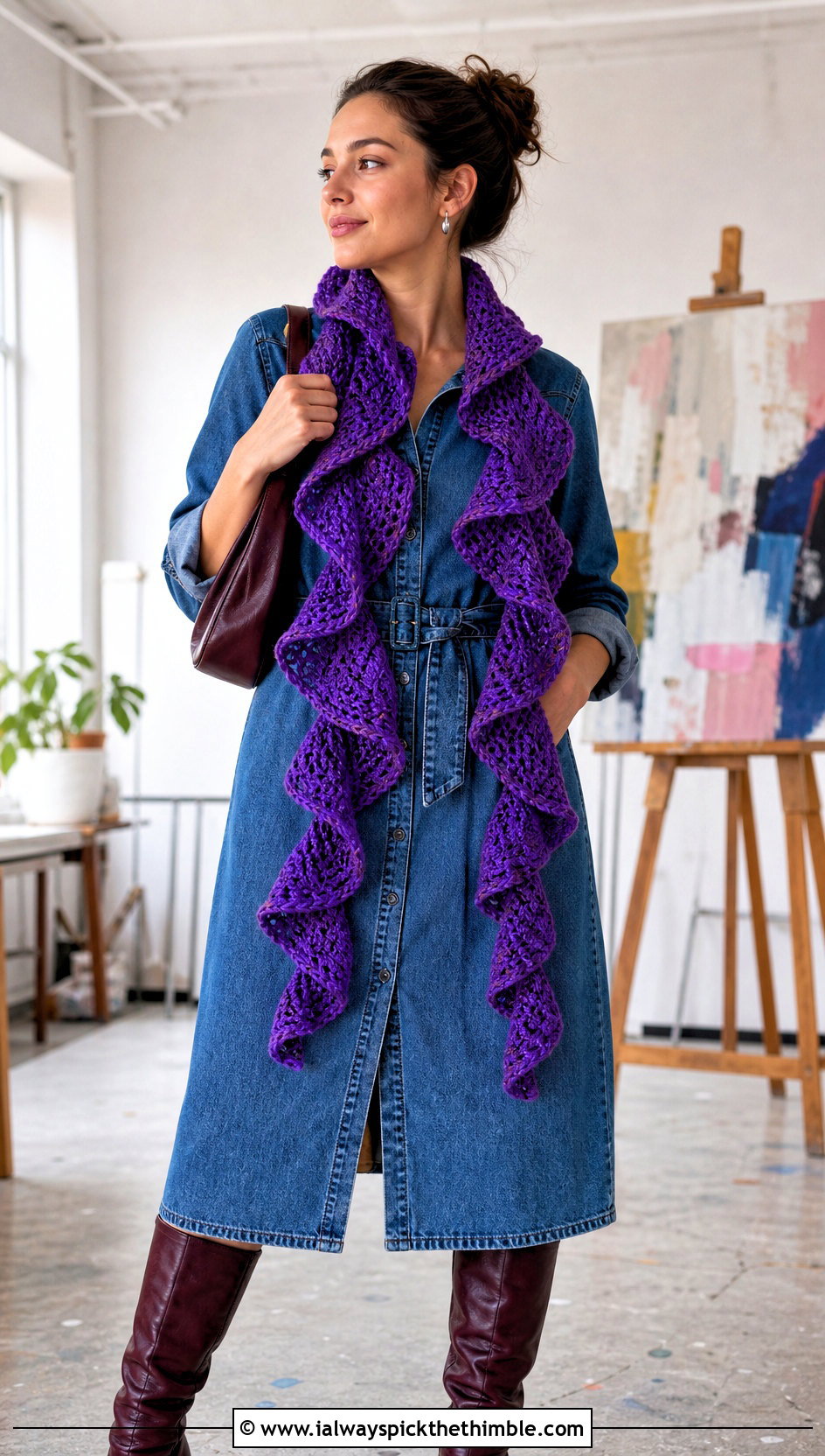 Spiral Crochet Scarf With Denim Dress And Boots - 25 fun crochet scarf outfit ideas