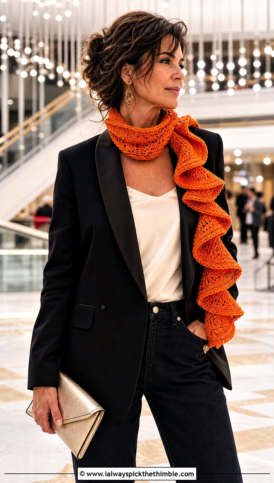Spiral Crochet Scarf With Tuxedo Blazer - 15 unusual crochet scarf outfit ideas