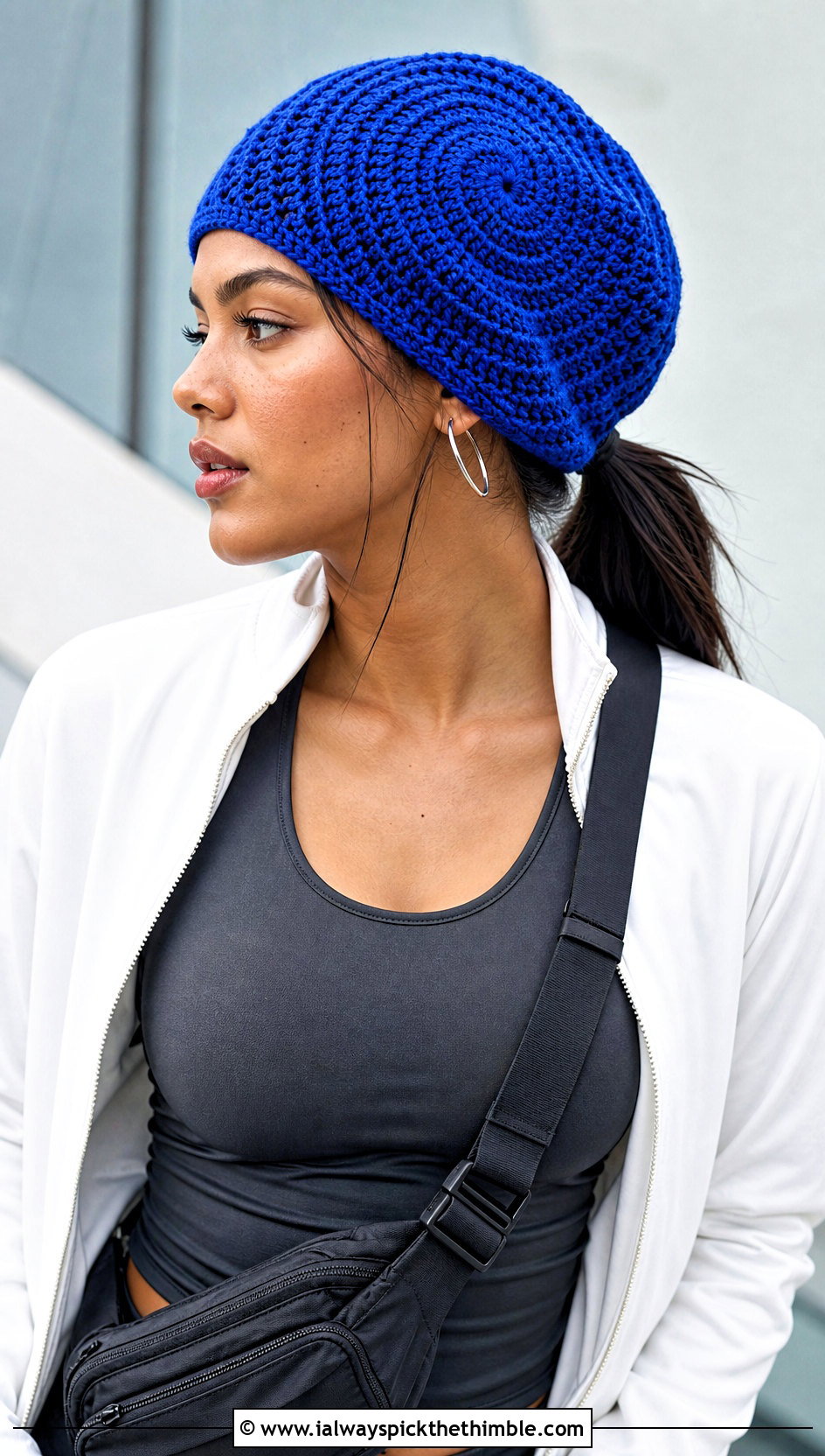 Spiral Crochet Slouch Beanie With Track Jacket - 25 crochet slouch beanie outfit ideas