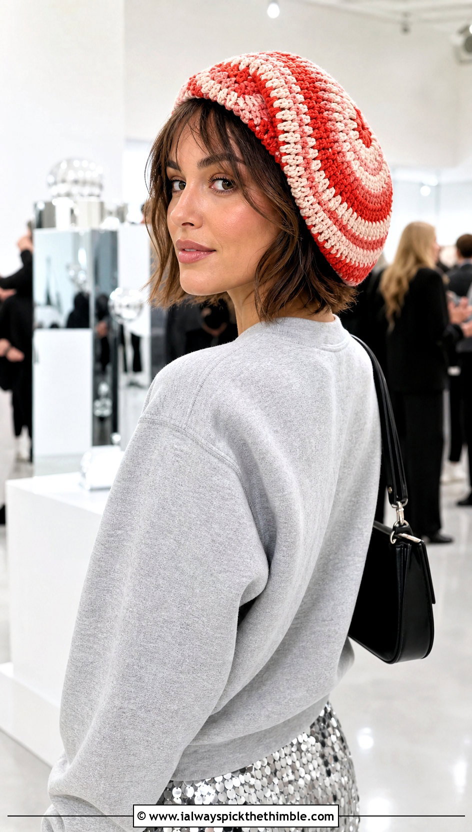 Spiral Crochet Slouchy Hat With Sequin Skirt And Sweatshirt - 25 crochet slouchy hat outfit ideas
