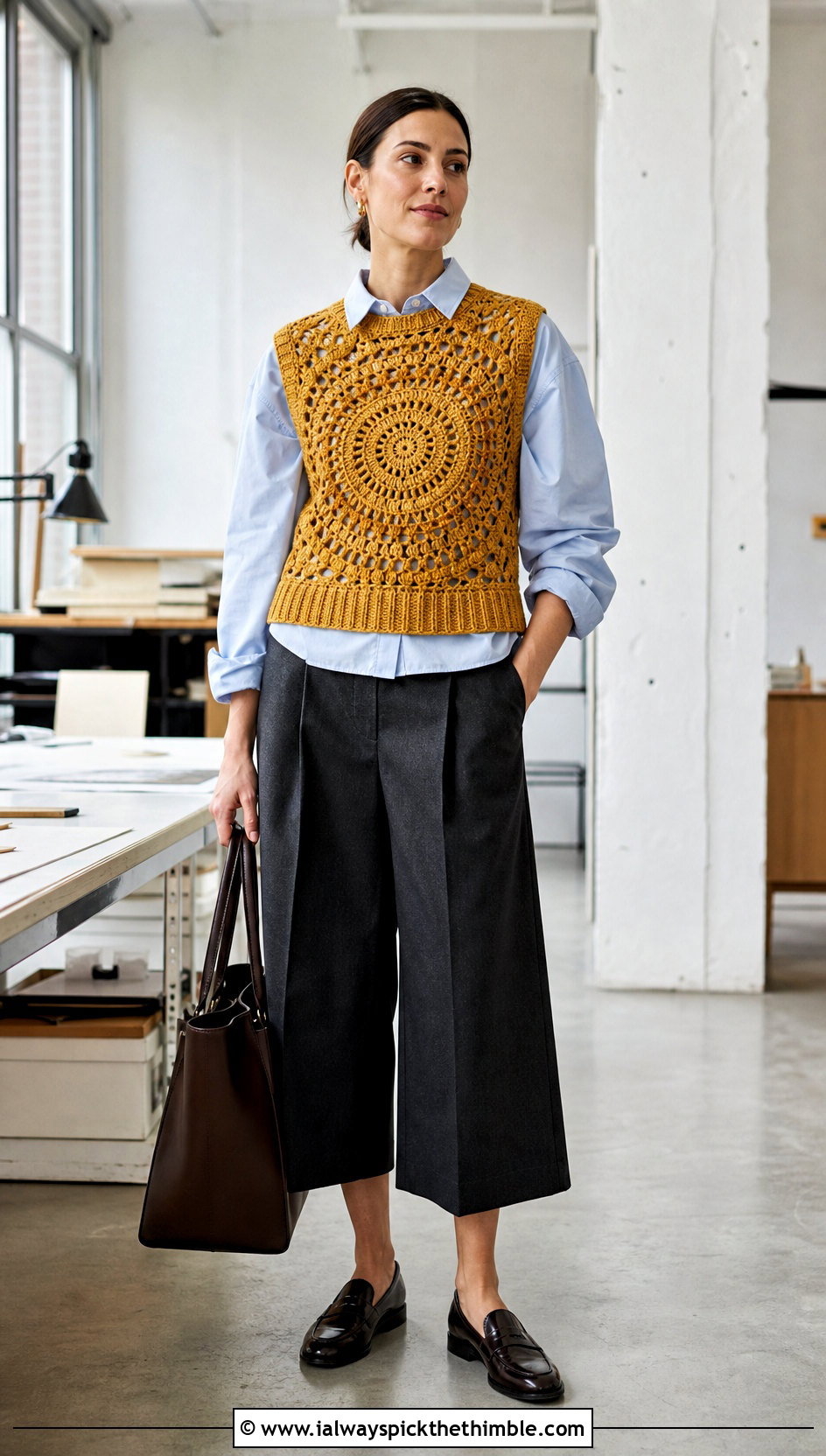 Spiral Crochet Sweater Vest With Poplin Shirt And Culottes - 25 spiral crochet sweater outfit ideas