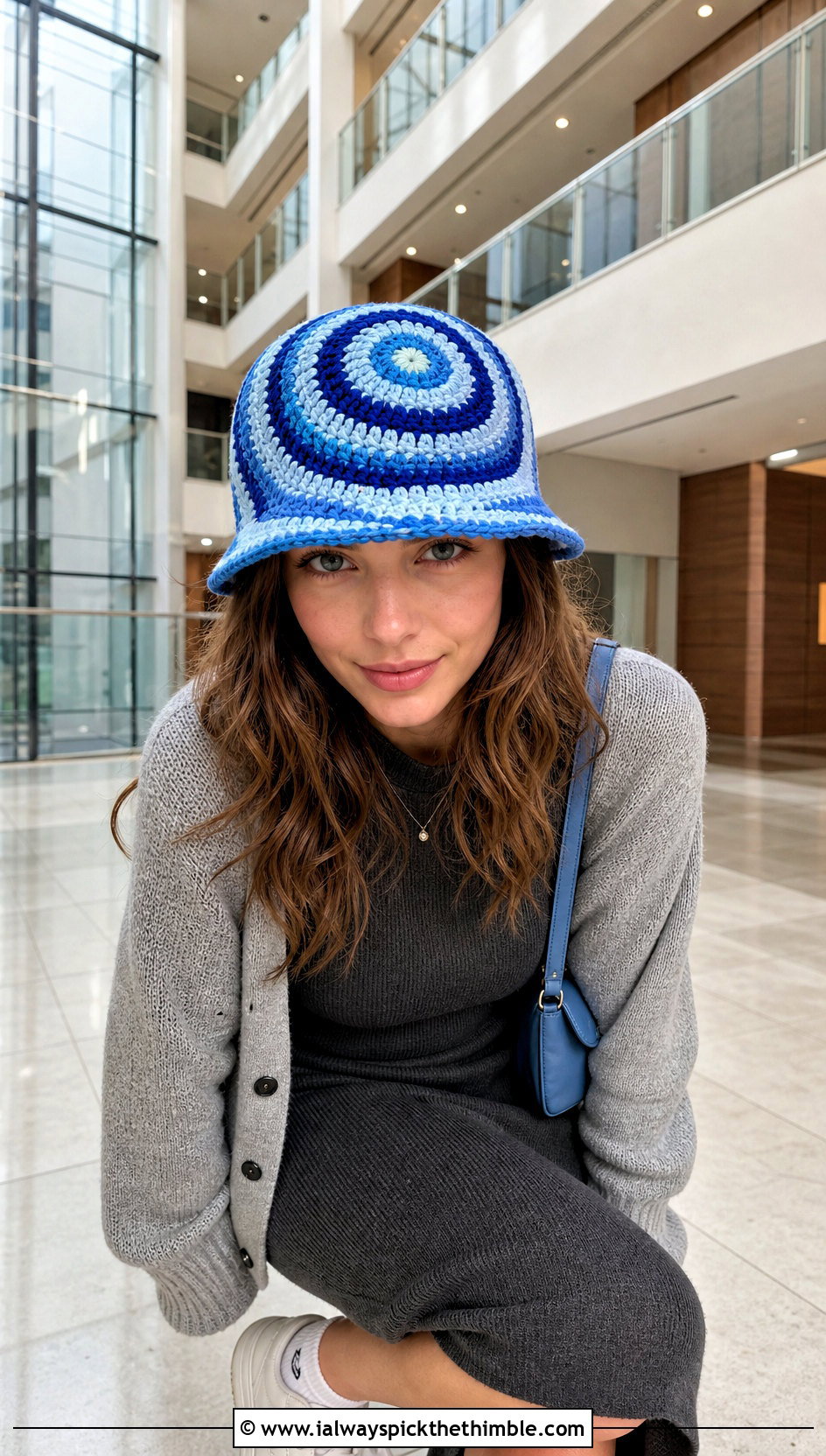 Spiral Crocheted Bucket Hat With Knit Midi Dress - 25 Crocheted Bucket Hat outfit ideas