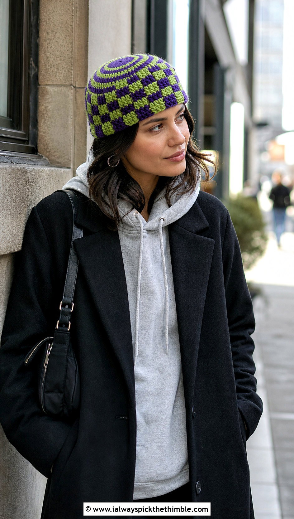 Spiral Crown Checkered Beanie With Hoodie - 25 crochet checkered beanie outfit ideas