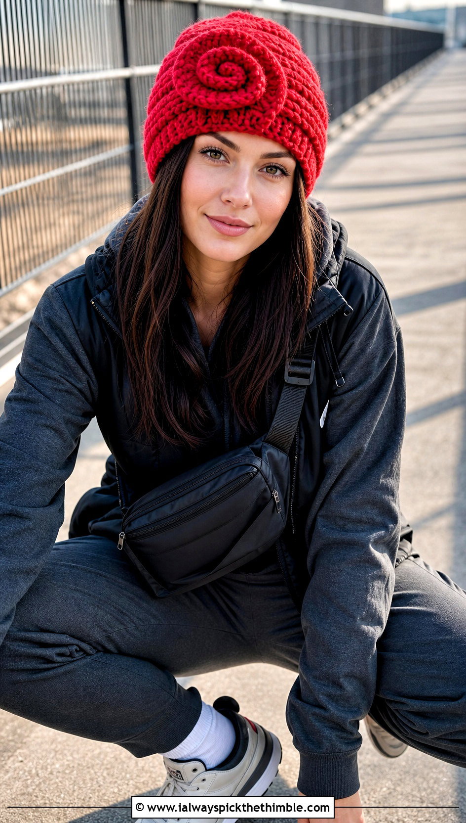 Spiral Crown Crochet Beanie With Tracksuit And Retro Sneakers - 20 bulky yarn crochet beanie outfit ideas