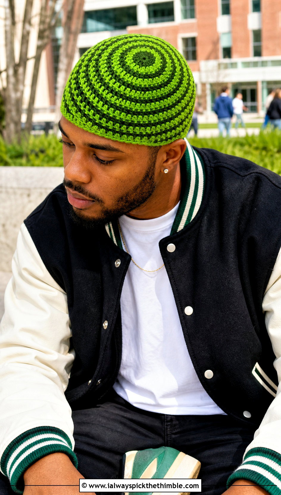 Spiral Crown Crochet Skull Cap With Varsity Jacket - 20 Crochet Skull Cap For Men outfit ideas