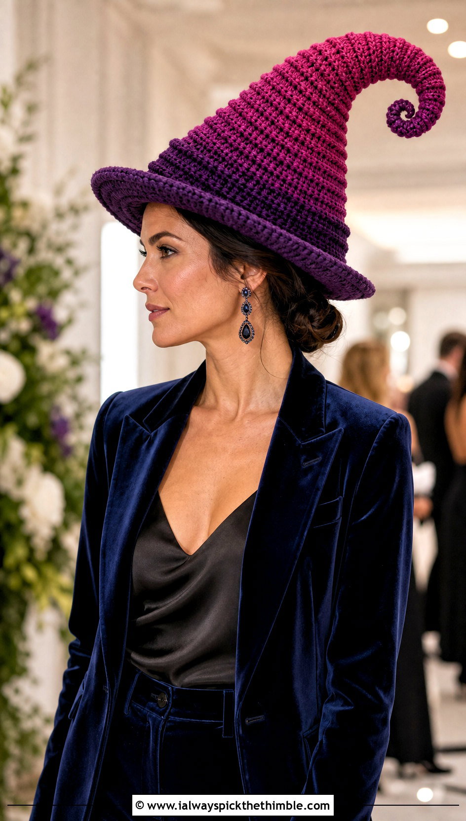 Spiral Crown Crochet Witch Hat With Velvet Suit - 25 crochet witch hat outfit ideas