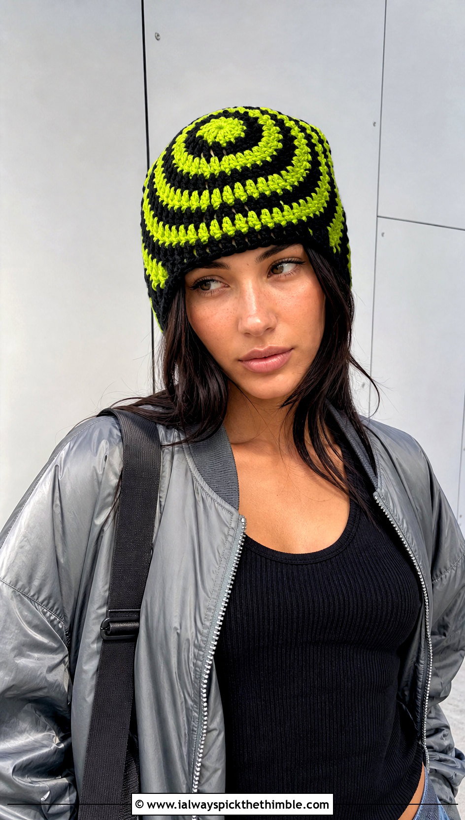 Spiral Granny Square Beanie With Bomber Jacket - 20 granny square beanie outfit ideas