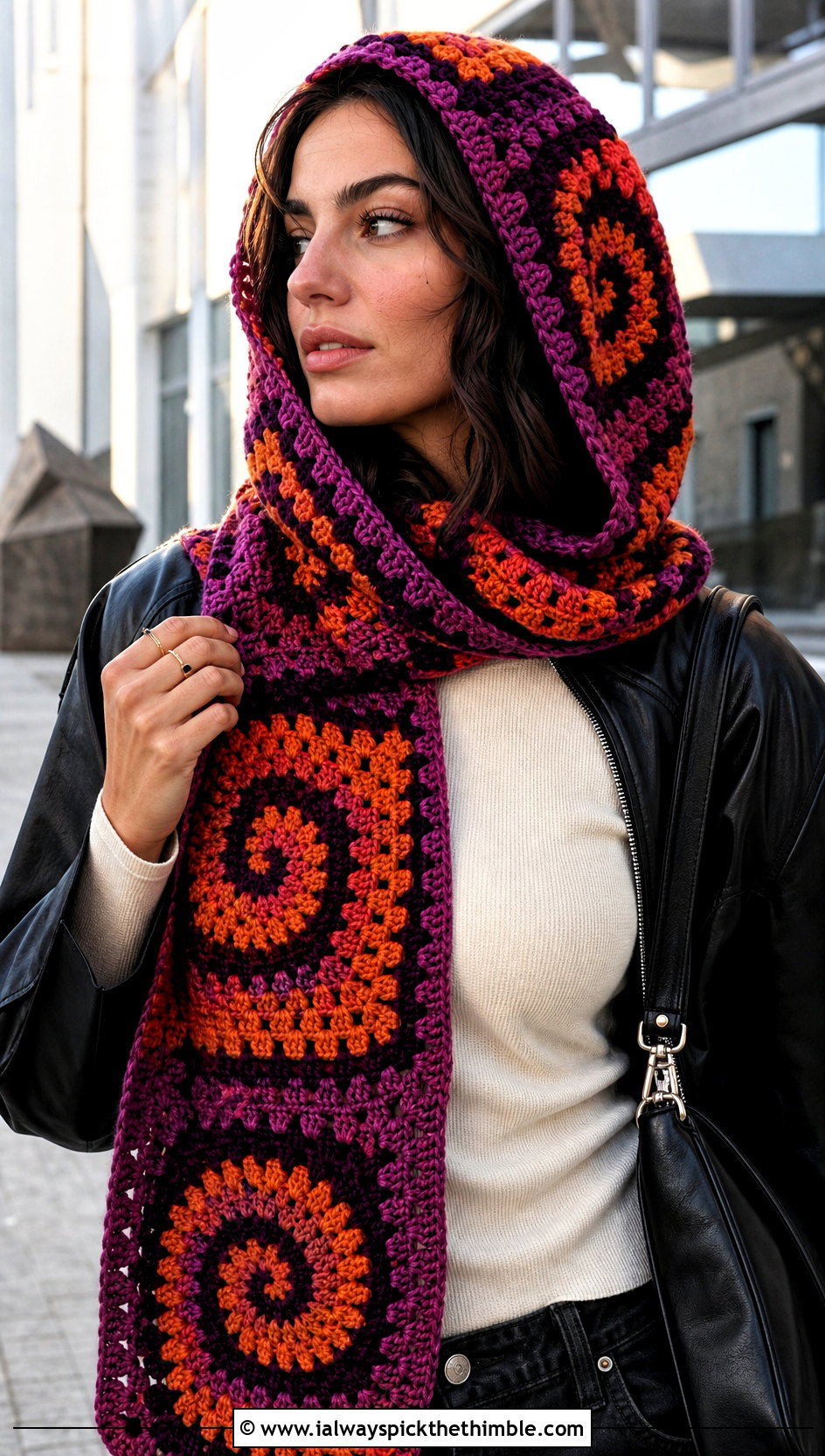 Spiral Granny Square Crochet Hooded Scarf With Leather Jacket - 20 Granny Square Crochet Hooded Scarf outfit ideas