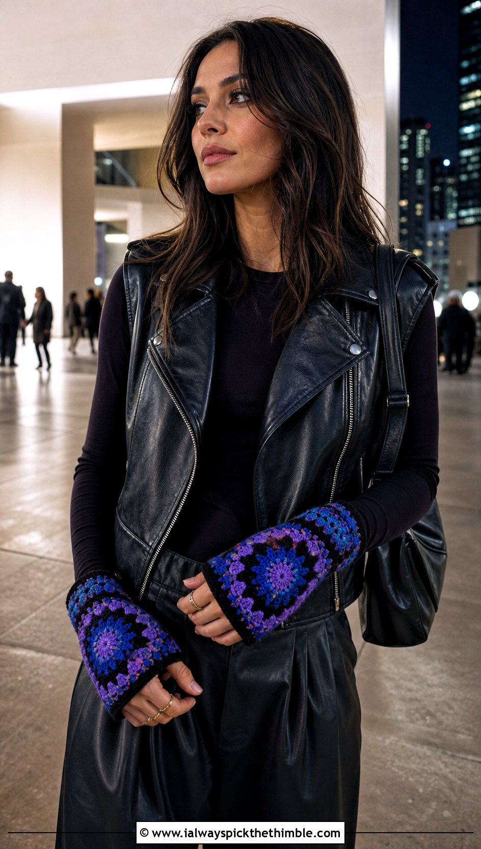 Spiral Granny Square Fingerless Gloves With Moto Vest - 25 granny square fingerless gloves outfit ideas