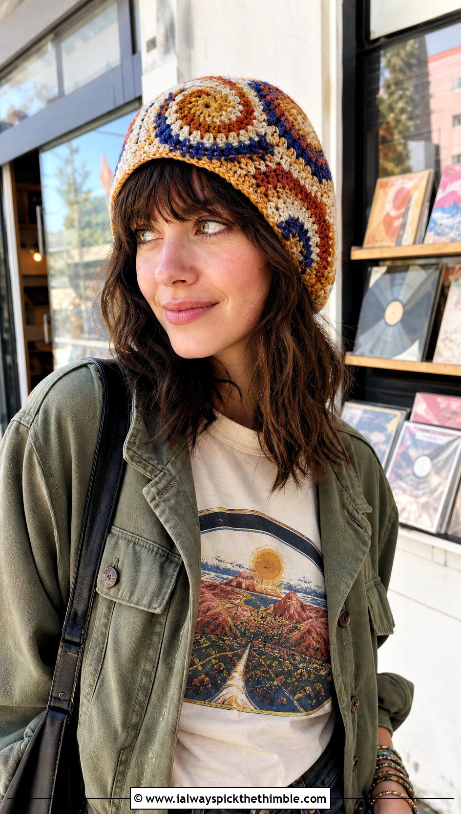 Spiral Granny Square Hat With Graphic Tee And Denim Skirt - 25 granny square hat outfit ideas