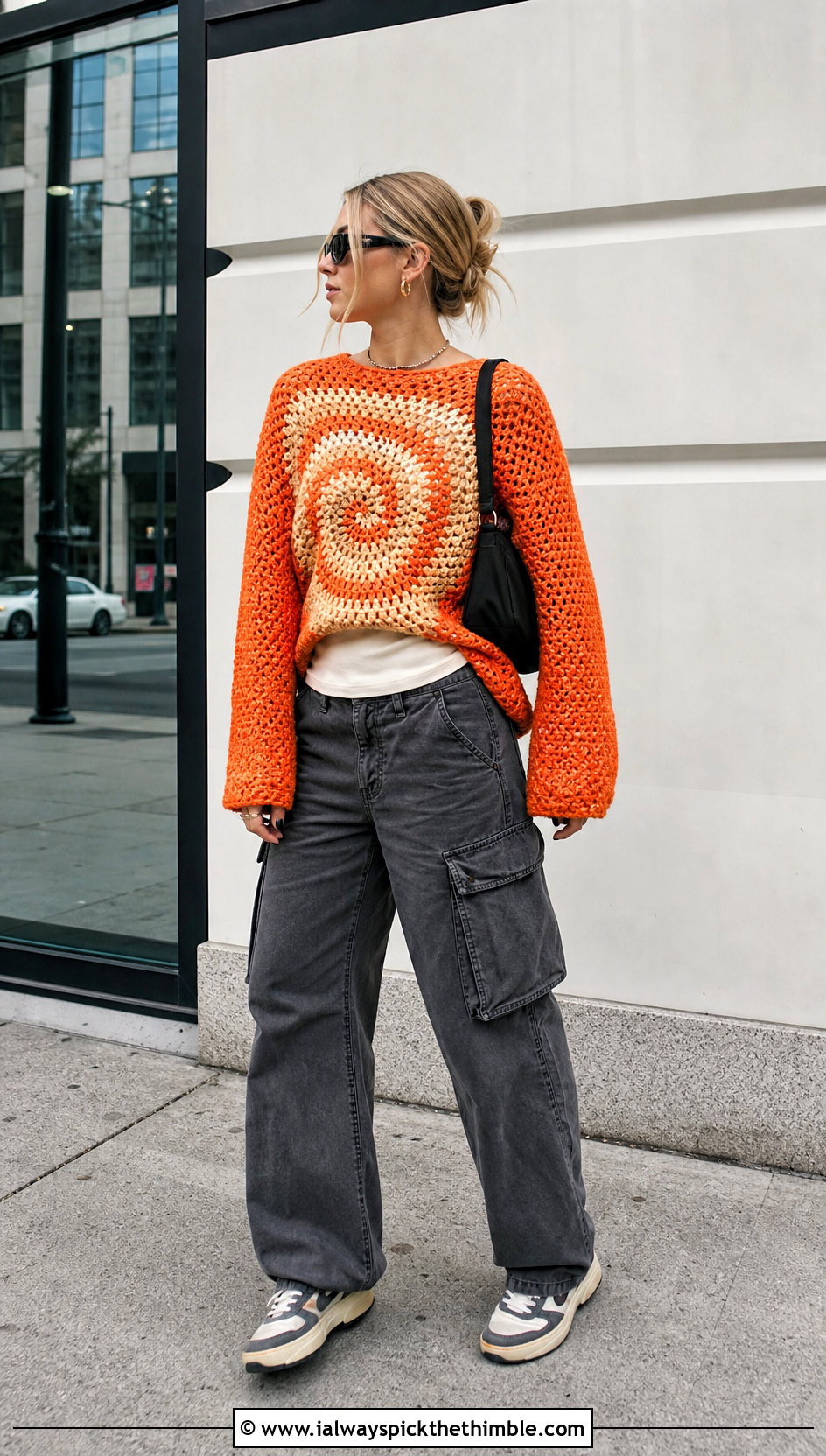 Spiral Granny Square Sweater With Cargo Pants - 20 oversized granny square sweater outfit ideas
